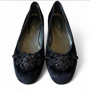 Sergio Rossi Black Velvet Ballet Flats Rosette Beaded Toe Women’s US 6.5 / EU 37